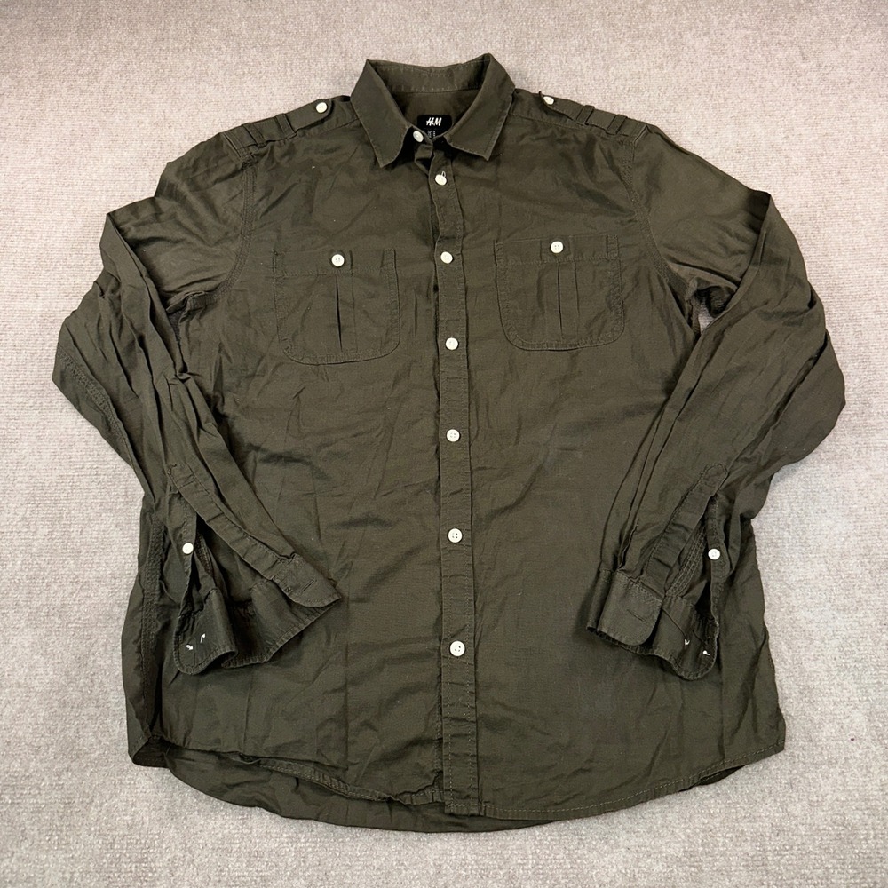 H&M Mens Olive Green Military Utility Button Down Shirt Long Sleeve Cotton M